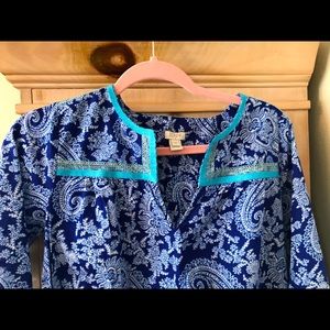 J. Crew NWOT Blue and White Paisley Long Sleeve Blouse with teal embroid…